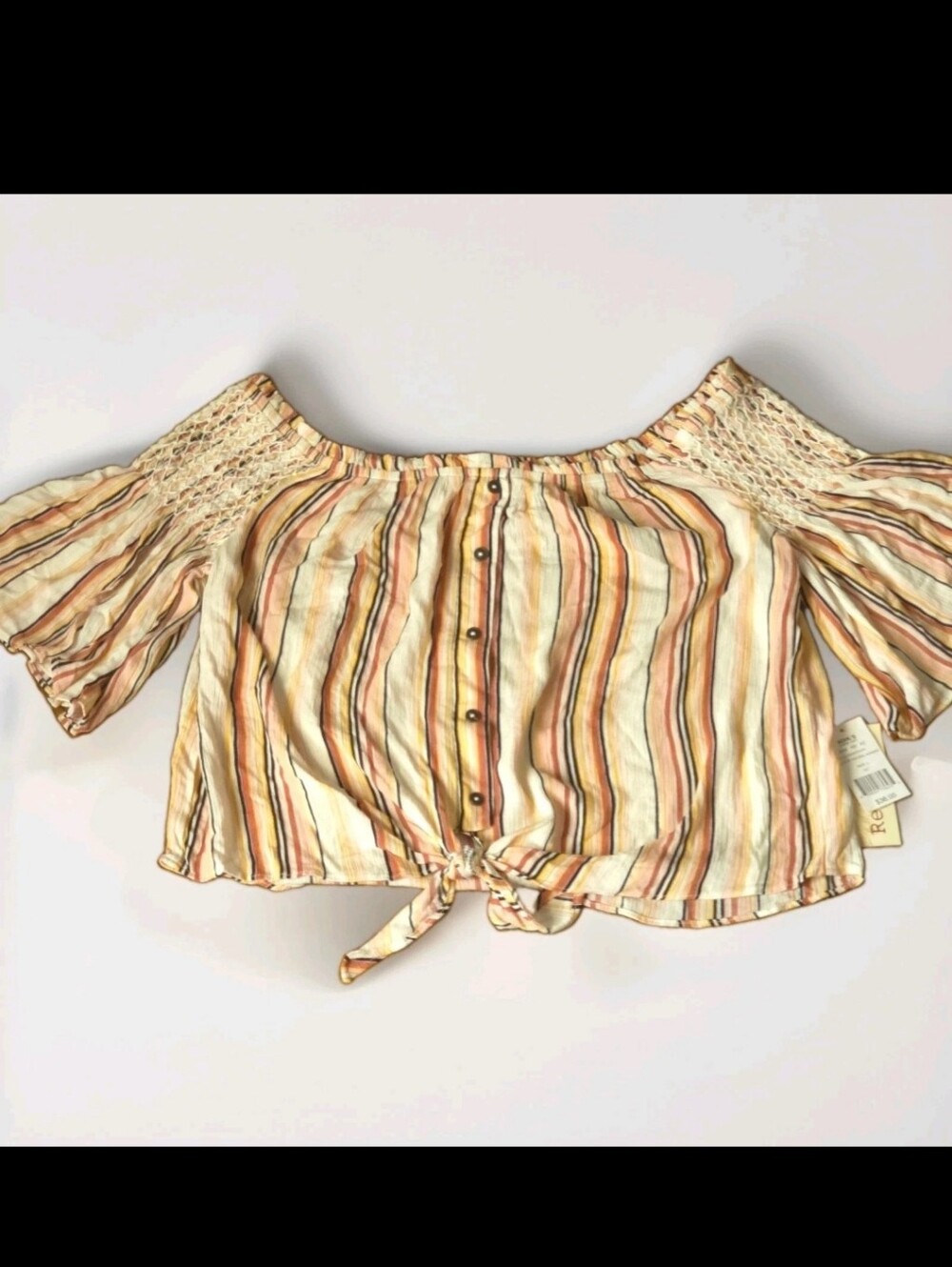 Boho Retro Striped Off Shoulder Tie Front Crop Top Large NWT
